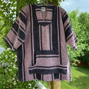 Vintage 5Focus Cotton Blend Pink‎ & Gray Short Sleeve Mexican Baja Poncho